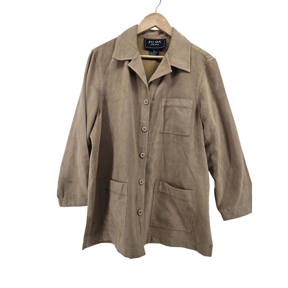Fu Da New York Shirt Jacket Womens Large Tan Faux Suede Button Front Utility